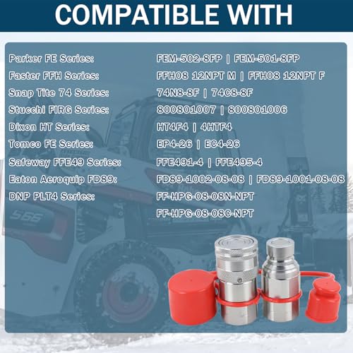 Image of 1 /2 inch Skid Steer Flat Face Hydraulic Quick Connect Couplers With Dust Covers - Compatible With Parker FE Series | Faster FFH Series | Snap Tite 74 Series