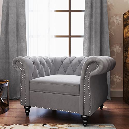 Image of Chesterfield Chair, Modern Velvet Tufted Accent Sofa Couch Chair with Scroll Arms and Nailhead for Living Room, Bedroom, Office, Apartment (Grey)