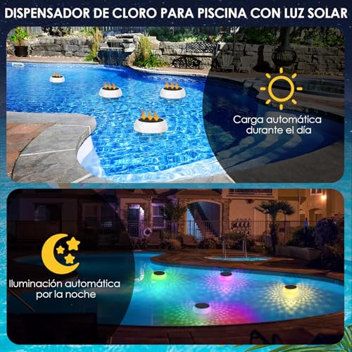 Miniatura 2 de Zwoos Dispensador Cloro Piscina, Luz Piscina Con Dosificador Flotante Vacío , Dosificador Cloro Piscina Con Luz Solar Led, Flotador Cloro Piscina Para Piscinas De Interior Y Exterior Spa