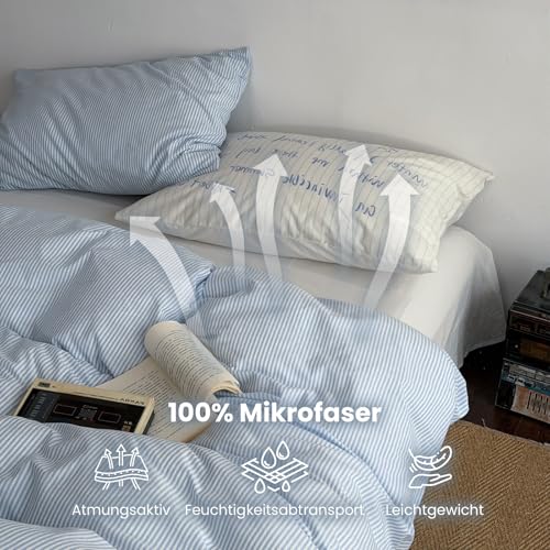 Freyamy Bettwäsche 200x220cm 3tlg Hellblau Weiß Feinstreifen Bettwäsche – Ansicht 4