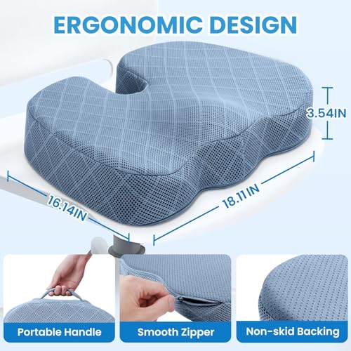 Image of TushGuard Office /Car Seat Cushion, Non-Slip Sciatica & Back Coccyx Tailbone Pain Relief Chair Pad, Memory Foam Butt Pillow for Computer Desk, Wheelchair, Driving (Light Blue, X-Large)