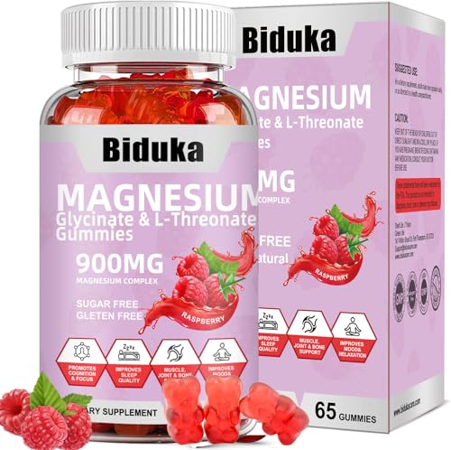 900mg Magnesium Complex 65 Raspberry Gummies, Sugar Free Magnesium Glycinate & L-Threonate Potassium Supplement with Vitamin D, B6, CoQ10 for Relaxation