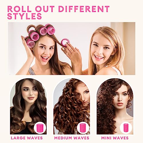 Self Grip Hair Curler Rollers Set 31Pcs,Hair Roller For Long Medium Short Thick Fine Thin Hair Bangs Volume,Rose Red Hair Curlers Set With 18 Rollers 12 Duckbill Clips 1 Comb,3 Sizes Salon Hair Dressing Roller #TOP7