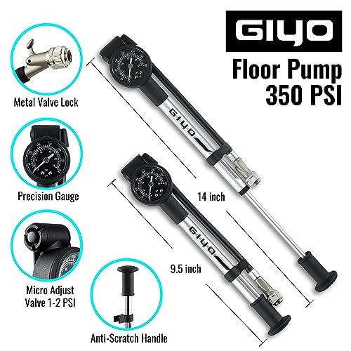 GIYO High Pressure Bike Shock Pump - for Mountain Bike Front/Rear Suspension Aluminum Barrel 1.5" Dial Gauge Micro Adjust Button | 350 PSI. 360° Rotary Hose |Taiwan Made