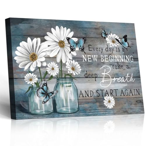 Framed Motivational Canvas Wall Art Poster Print Country Daisy Flowers and Butterfly Picture with Quote Farmhouse Rustic Wood Background Painting Gallery Wall Decor 12x16 Inch