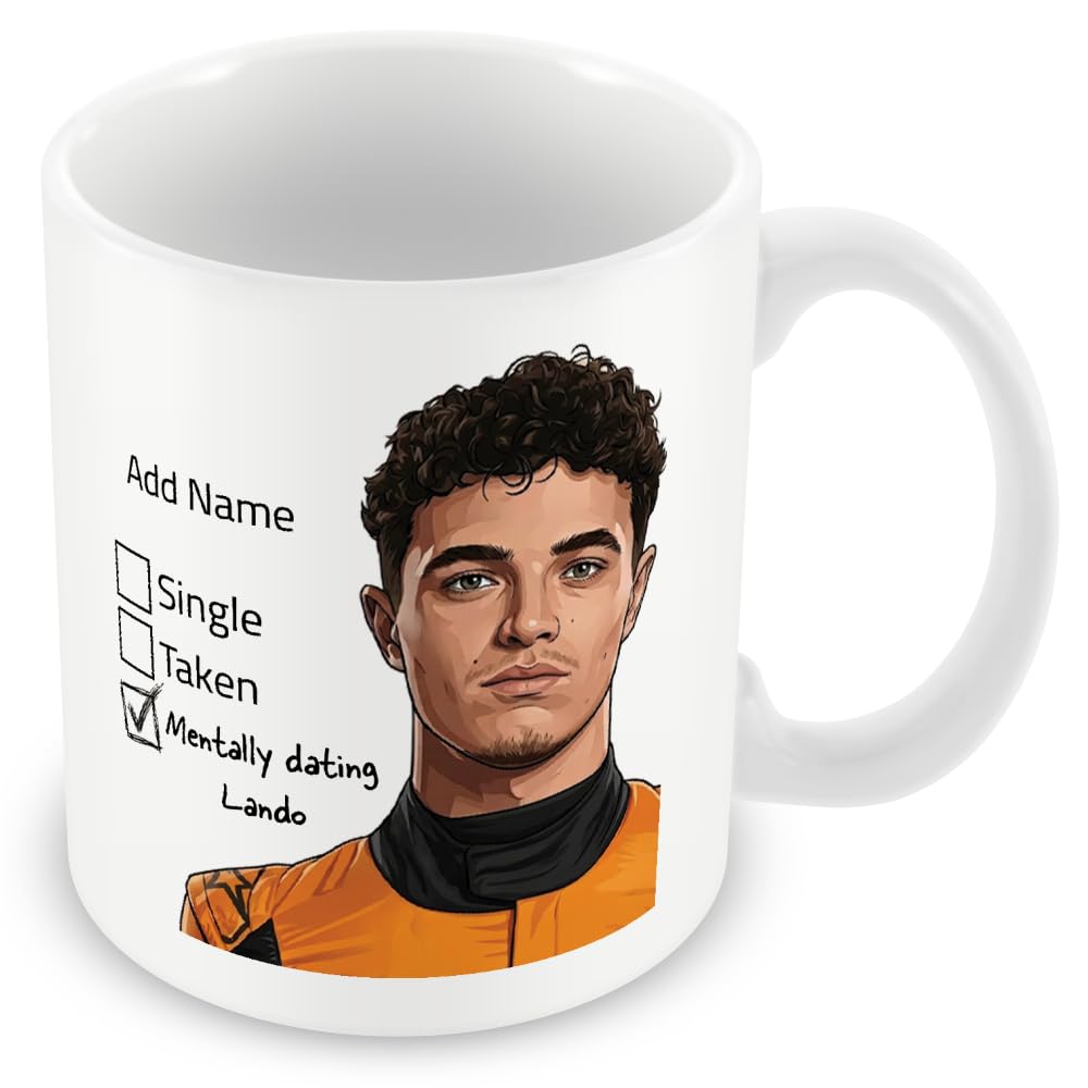 MUGGZ Lando Norris Fan Mug, Funny Racing Gift, Relationship Status Cup, Optional Name, Orange Handle, Coaster, Card