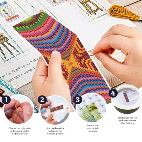 Image of FREEBLOSS 6 Set Cross Stitch Bookmark Kits Flower Pattern Stamped Embroidery Kit Stitch Bookmarks DIY Book Marks Printed Cross Stitch Kits with Instructions for Beginners Adults 8''x2.4''