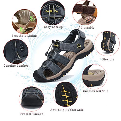 Flarut Men's Sport Sandals Outdoor Hiking Sandals Closed Toe Leather Athletic Lightweight Trail Walking Casual Sandals Water Shoes (A-Gray,47) #TOP2