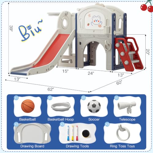 wanan 11 in 1 Toddler Slide Indoor, Kids Indoor Slide for Toddlers 1-3 Years Old, Toddler Indoor Playground with Drawing Board and Brush Set, Ring Toss, Basketball, Soccer Ball and Storage (Blue) - Image 2