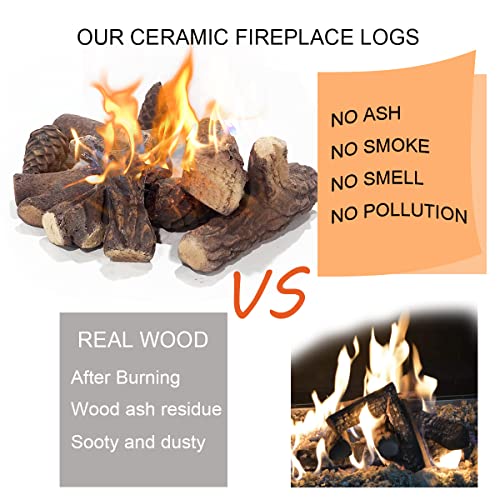 Skypatio Gas Fireplace Logs Set, 9 Pcs Ceramic Wood Logs For Indoor Or Outdoor Fireplace, Fire Pit Decor, Lightweight & Portable #TOP1