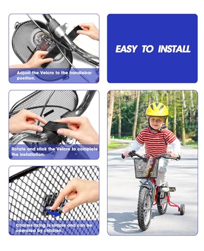 ANZOME Kids Bike Basket, Bicycle Basket for Boy and Girl, Waterproof Metal Wire Children's Bicycle Basket, Suitable for Most Children's Bicycles and Kids Tricycles (Black+Accessories 2) - Thumbnail 3