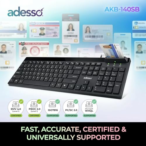 Image of Adesso AKB-140SB Desktop Keyboard with Built-in Smart Card Reader 104-Key Full Size Low Profile Membrane USB Wired for Windows PC Secure Login Banking Healthcare Office