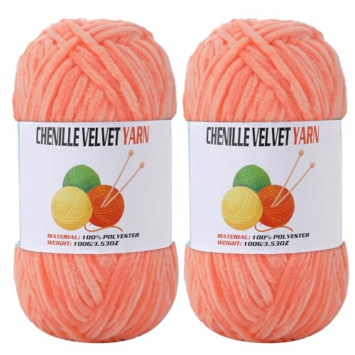 Image of 2 * 100g Velvet Chenille Chunky Yarn, Handcrafts Weaving Soft Chenille Yarn for Crocheting Clearance, Used for Making Baby Yarn Blanket, Clothes, Knitting Creations (Apricot Color)