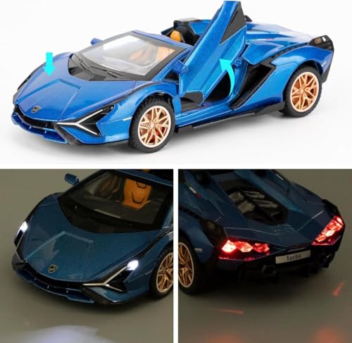Image of 1:32 Open Lamborghini Sian Sport Diecast Metal Pullback Toy car with 6 Openable Doors & Light, Music Boys Gifts Toys for Kids (1:32 Open Lamborghini - Blue)