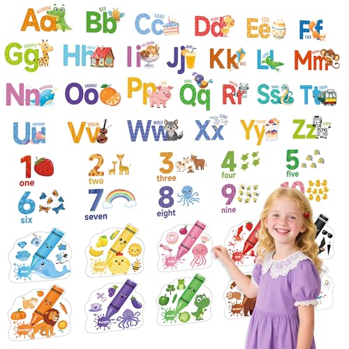 Alphabet Numbers Wall Decals, Classroom Wall Decals, Animal ABC Letters Color Shape Stickers for Kids Toddler Baby Room, Peel and Stick Removable...
