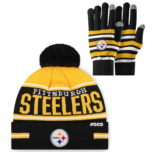 FOCO Pittsburgh Steelers NFL Stretch Glove & Big Wordmark Stripe Pom Beanie - Bundle