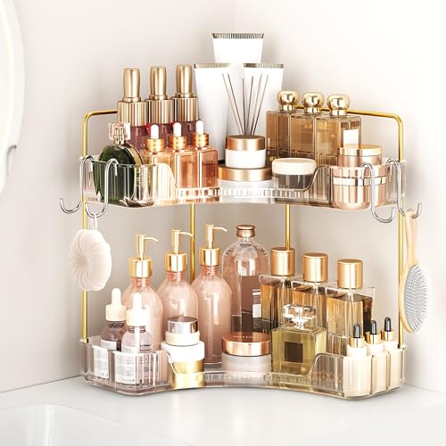 Kinkota Corner Bathroom Counter Organizer 2 Tier Bathroom Organizers and Storage Countertop with Hooks Skin Care Exquisite Vanity Organizer Countertop Bathroom Storage Dresser, Kitchen-Clear