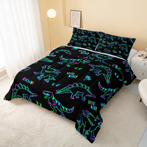Image of QOOMO Jurassic Dinosaur Kids Bedding Set, Black, Queen Size