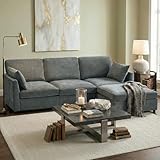 Iroomy Sectional Couch for Living Room, Comfy L Shaped Convertible Sofa, 4 Seater Modern Chenille Sofa with Ottoman, Grey