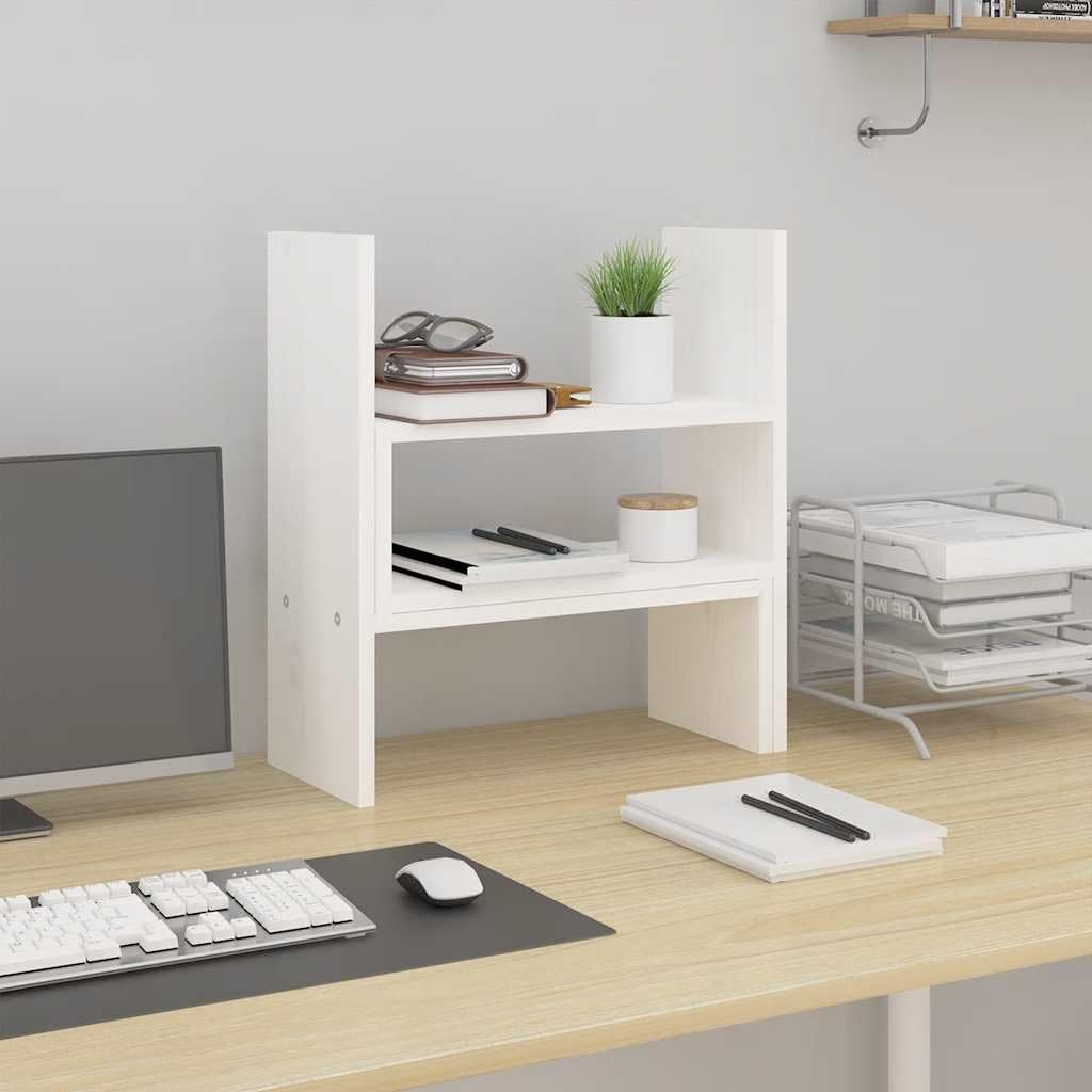 Supporto per monitor bianco in legno di pino massiccio, regolabile in altezza 39-72 x 17 x 43 cm, organizer da scrivania ergonomico per PC, laptop, tablet, ripiano salvaspazio per ufficio