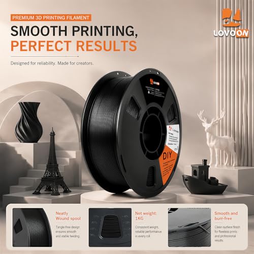 Image of LOVOON PLA Filament 1.75mm, 3D Printer Filament Dimensional Accuracy + /- 0.02mm, Neatly Wound 3D Printing Filament, Fit Most FDM 3D Printers, 1KG Spool(2.2lbs), Black