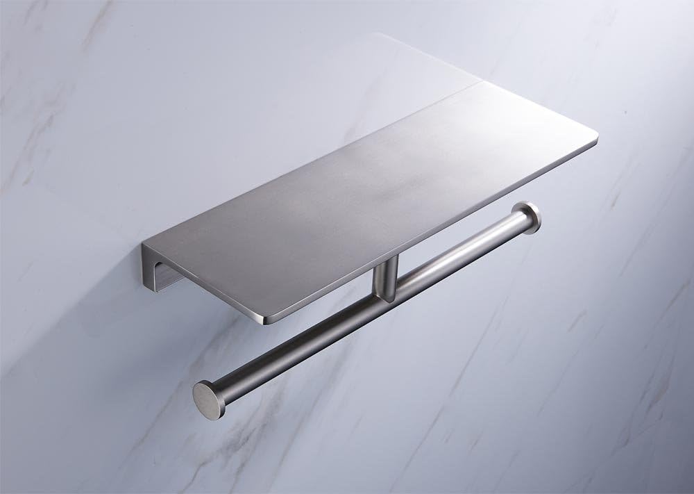 Get Special Price Sanliv Double Roll Bathroom Toilet Tissue Holder, Wall Mounted Hotel Style Paper Towel Dispenser with Solid Brass Storage Shelf in Brushed Satin Nickel Finish