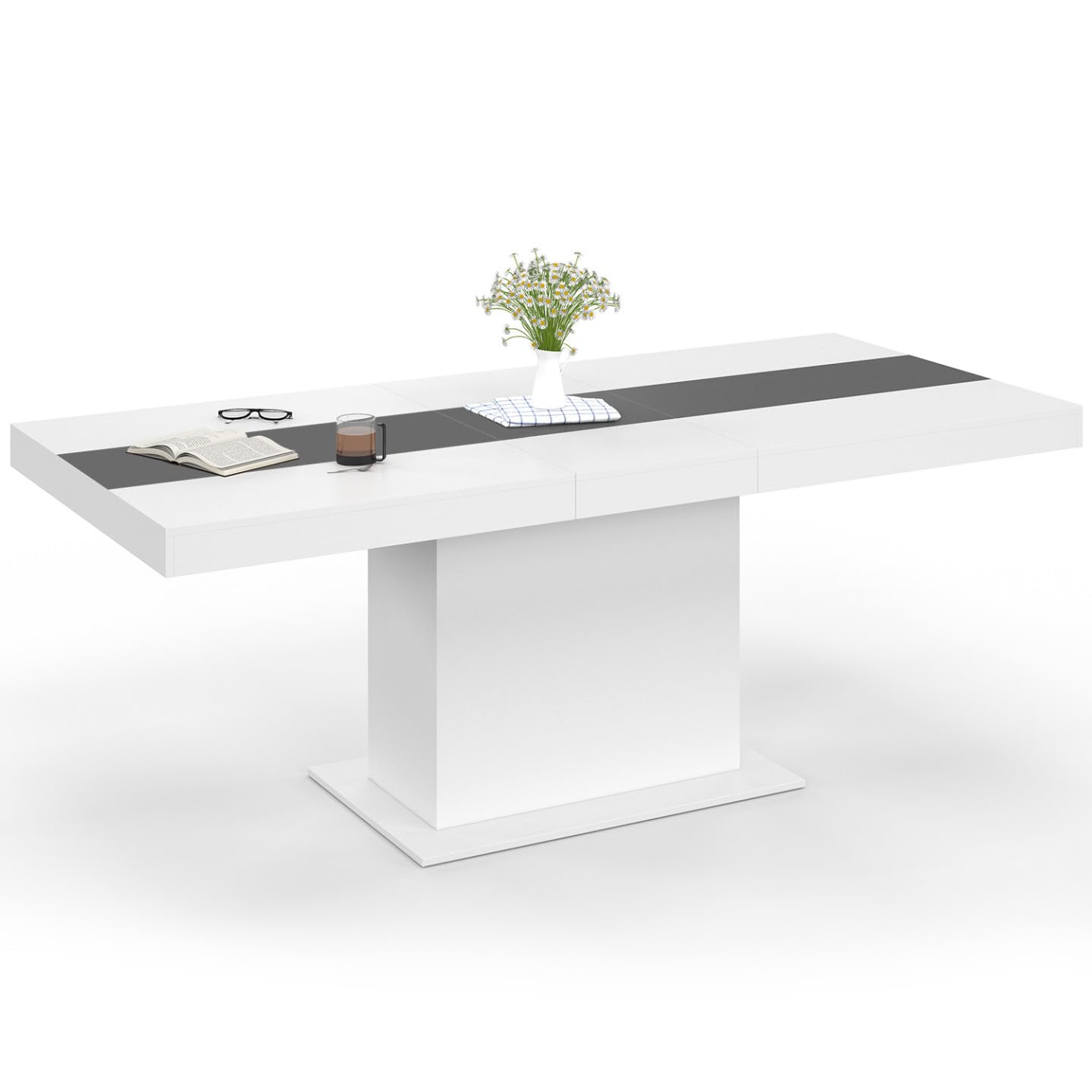 IDMarket - Tavolo da pranzo rettangolare allungabile EDEN 6-10 persone bianco con fascia centrale grigia 160-200 cm