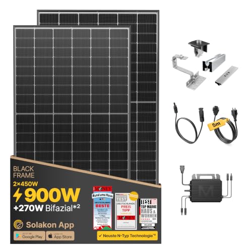 Solakon 900W Balkonkraftwerk mit Halterung (Ziegeldach, Einzelmontage) - 800W komplett Steckdose - 800 Watt Wechselrichter - Solaranlage Komplettset - 450W bifaziale Solarmodule inkl Zubehör - 5m