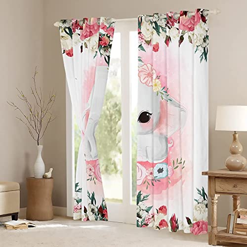 Cartoon Elephant Blackout Curtains, Pink And White Cute Animal Theme 3D Printed Drapes, Window Curtain Panel Set Of 2 With Grommet Top For Bedroom Living Room (52" W X 84" L) #TOP3