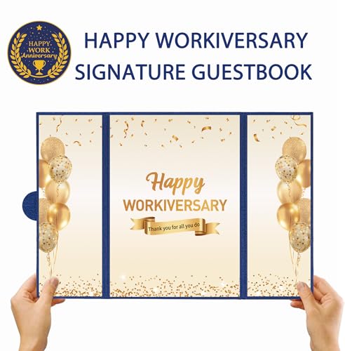 Image of DARUNAXY Blue Gold Happy Workiversary Party Decorations, Happy Work Anniversary Alternative Signature Guest Book for Men Women Employee Business Gifts Signing Card Board for Office Supplies
