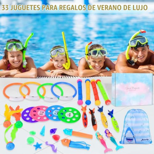 Miniatura 6 de Yydsxk 33 Piezas Juguetes De Buceo En Piscina, Juguete Subacuático Para Niños, Conjuntos De Juguetes Natación Subacuática Con Bolsa De Almacenamiento Juegos De Agua En Verano Para Niños