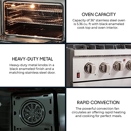 Forno Galiano Dual Fuel 36" Inch. Freestanding Range 6 Sealed Brass Burners Cooktop - 5.36 Cu. Ft. Convection Electric Oven - Stainless Steel Stove Range Heavy Duty Cast Iron Grates #TOP2