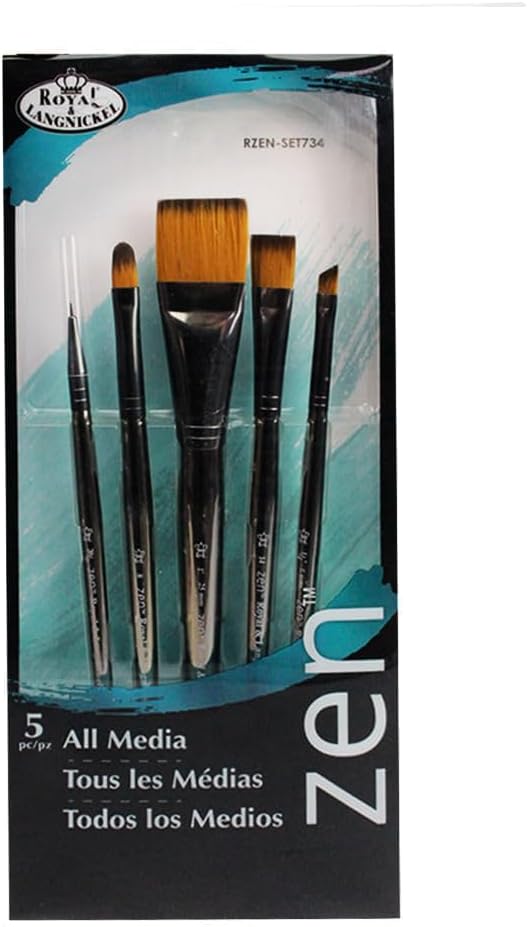 Royal & Langnickel, Zen Series 73 Set of 5 Brushes, Standard Handle, Synthetic Filament, Wash 1, Angular 1/4, Filbert 8, Shader 14, Spotter 20/0, RZEN-SET734