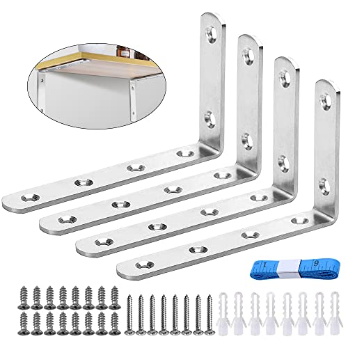 LbsAMP 4 Pcs 90 Degrés Angle Droit Équerres Murale Support D'Angle Acier Inoxydable Equerre de Fixation en Forme de L Pour Etagere de Bois avec Vis et Bouchon Caoutchouc et Ruban à Mesurer (Argent) Cover