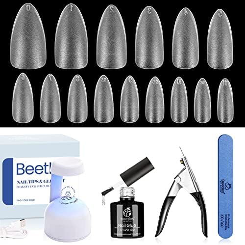 Beetles Easy Gel Nail Extension Kit with Pre-etched Soft Gel Nail Tips Matte Medium Almond Shape, 2 In 1 Nail Glue Gel Base Coat and Innovative Nail Lamp Acrylic Nail Clipper for Diy Home Manicure