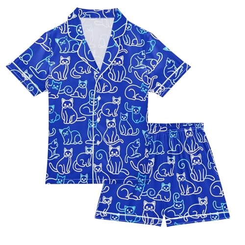 Navy Cartoon Cats Summer Satin Pajama Set, Cute Button-Down Sleepwear Pj Set for Sleep Wears