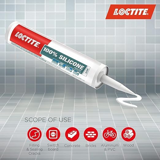 Image of Loctite 100% silicone sealant, Waterproof, No shrinkage,Dries in 10mins,Waterproof in 2hrs,Ideal for kitchen, bathroom,HVAC applications, sealant for glass, ceramics, aluminum, steel, White,260ml x 2
