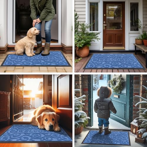 Image of Smiry Welcome Door Mat Outside Entrance, Heavy Duty Trap Dirt and Moisture Easy Clean Low Profile Patio Porch Indoor Outdoor Front Doormat for Entry, 35x23 Inch, Blue