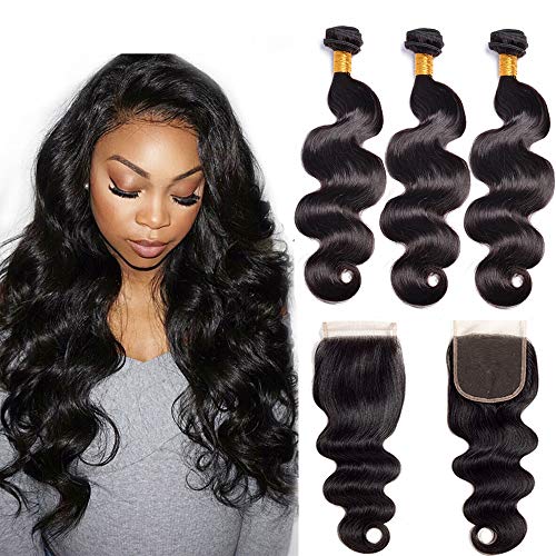 Brazilian Body Wave Human Hair 3 Bundles With Closure Virgin Human Hair Weave With Lace Closure（18 20 22+18） Free Part Natural Black