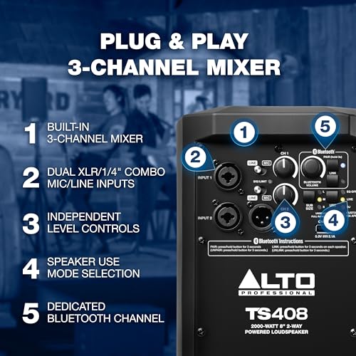 ALTO TS408-2000W 8" Active PA Speaker with 3 Channel Mixer, Bluetooth Streaming and Durable Slip-on Cover for TS408 Active Powered PA Speaker
