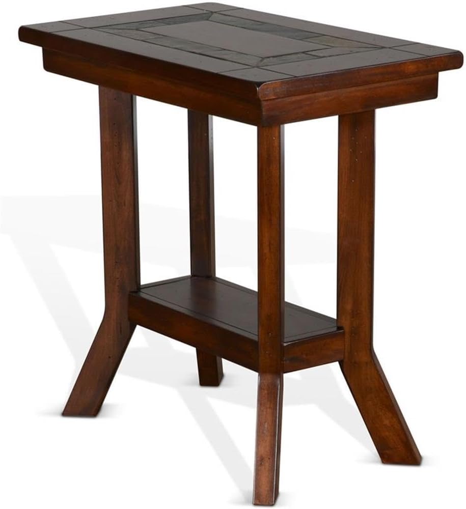 Pemberly Row Traditional Wood End Table, 25" Tall, Dark Chocolate Finish, Slate Inlay Top, Distressed Mahogany Solids and Veneers, 1 Shelf, Simple Assembly, Accent Table for Living Room or Bedroom Use