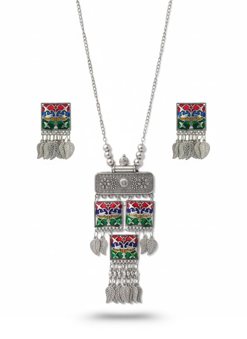 Traditional Oxidised Silver Meenakari Necklace and Earrings Set for Women-image-9