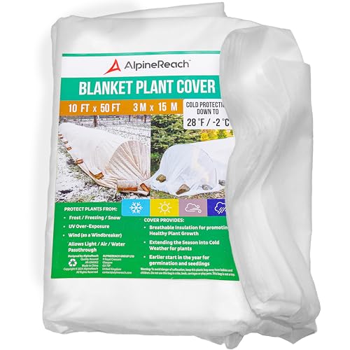 AlpineReach Plant Covers Frost & Sun Protection 10 x 50 ft - Thick 1.2 oz/yd² Freeze Blanket to Low 28 °F Temperatures Floating Row, Garden Fabric Material, Protect in Winter Cold, Gardening Down