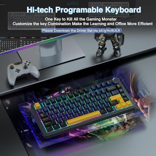 Image of AULA F75 75% Wireless PBT Keycaps Mechanical Keyboard | Hot Swappable, Pre-lubed Linear Switches | RGB Backlit, 2.4GHz /Type-C /Bluetooth Gaming Keyboard (Thunder Black, Star-Vector(Seiya) Switch)