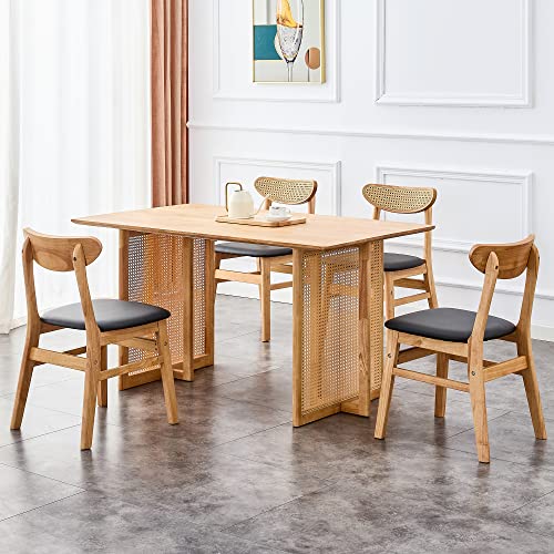 55" Dining Table For 4 To 6, Retro Wooden Kitchen Table Furniture With Rattan Weave Design Legs, Mid-Century Modern Imitation Rattan Dining Room Table For Dining Room, Living Room And Office, Oak #TOP4