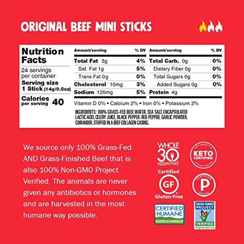 Chomps Snack Size Grass Fed Beef Jerky Meat Snack Sticks, Keto, Paleo, Whole30 Approved, Sugar Free, Low Carb, Nitrate Free, Gluten Free, High Protein, Non-Gmo, 40 Calories 0.5 Oz, Original Beef 24 Pack #TOP1