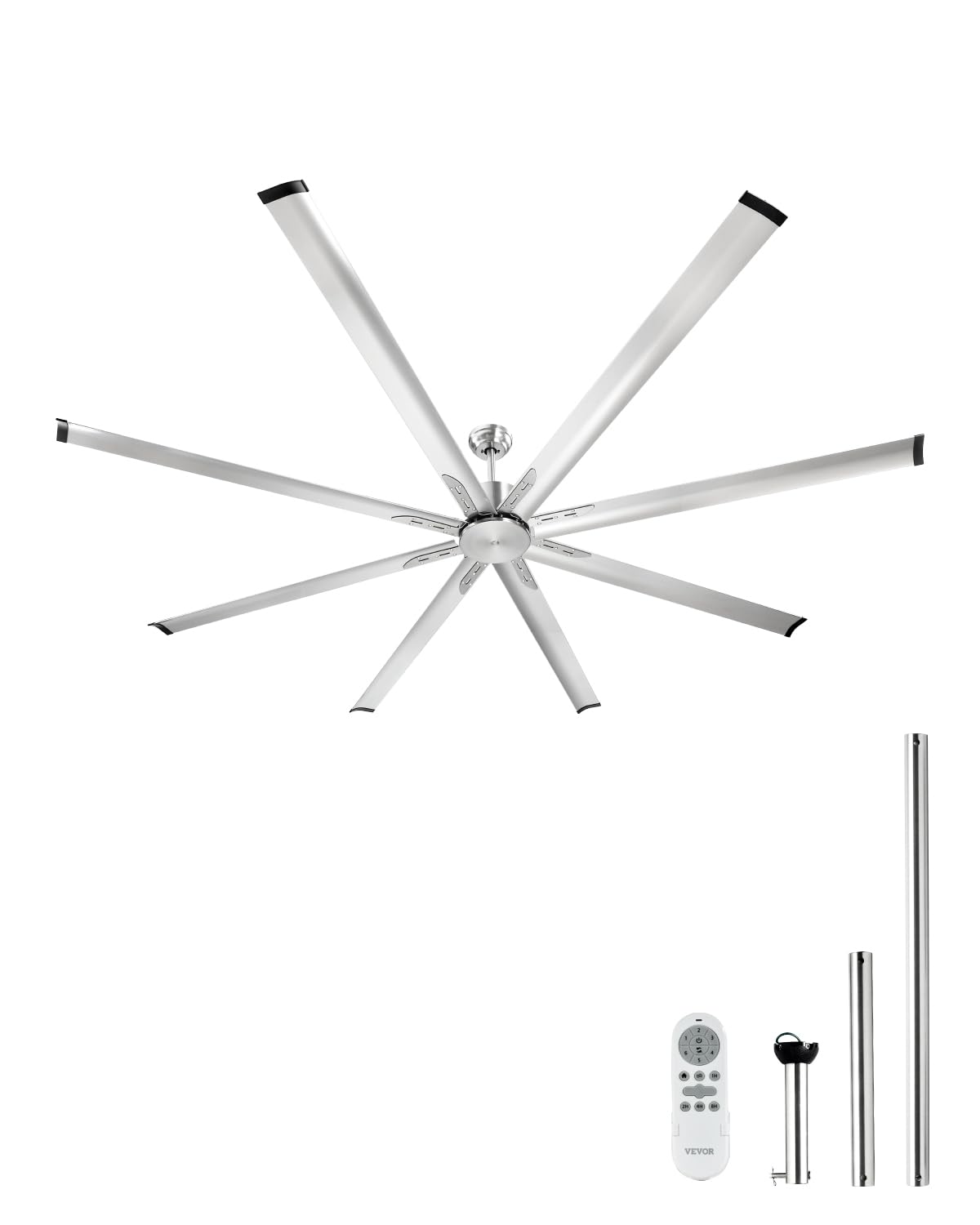 VEVOR Ventilador de Techo Moderno sin Luz 243 cm Mando a Distancia 6 Velocidades 8 Aspas Aluminio, Motor DC Reversible, para Dormitorio, Interior, Exterior, NÃquel Cepillado, Φ 2430 x 705,8 mm
