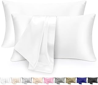 غطاء وسادة من الساتان للشعر والبشرة مشابه لغطاء الوسادة الحريري، عبوة من قطعتين مع إغلاق على شكل ظرف، هدايا للنساء، مقاس كوين ومقاس قياسي 51 × 76 سم (أبيض)
