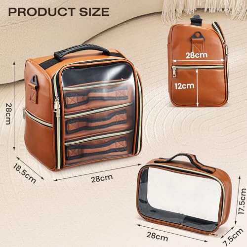 Image of SHAMAX Makeup Bag with 3 Removable Pouches & Side Pockets | Travel Cosmetic Organizer Case with Transparent Front, Toiletry Storage Bag for Women & Men (Brown)