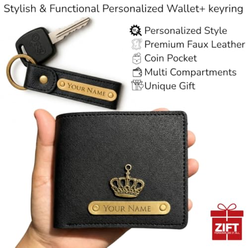 Image of Zift Personalized Name & Charm Leather Wallet & Keychain Gift Set for Men | Custom Name Engraved Wallet with Keychain | Birthday Anniversary Diwali Corporate Gifts for Men (Midnight Classic)